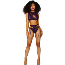 Dreamgirl Women's Lace and Mesh 3 Piece Set - L - Aubergine