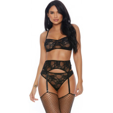 Forplay Lace Me Down - Bra, Garter Belt and Panty - S