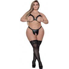 Magic Silk Aphrodite - Sexy Imitation Leather Bra and G-String Set with Open Cups and Open Crotch - XXL
