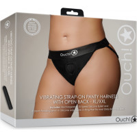 Ouch! By Shots Vibrējošas siksnas biksītes ar atvērtu muguru - XL/XXL - melna