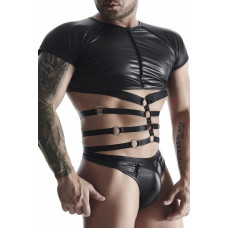 Regnes Fetish Planet męski komplet z wetlooka: t-shirt z ozdobną gumą, stringi z ozdobną taśmą z przodu XXL