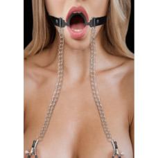 Ouch! By Shots O-Ring Ball Gag su spenelių spaustukais