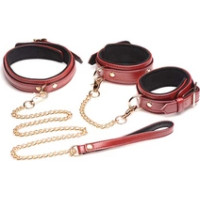 Xr Brands 6-Piece Burgundy Bondage Set with Cuffs, Collar and Belt