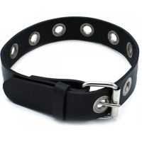 Kiotos Leather Black Leather Slim Collar with Multi-Metal Eyelets