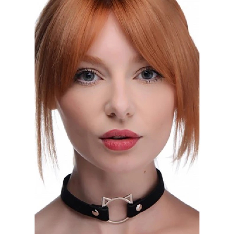 Xr Brands Kinky Kitty Ring Slim Choker - PU Leather - Black
