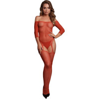 Le Désir Shimmering Off the Shoulder Bodystocking - One Size - Red/Gold Glitter