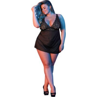 Magic Silk Babydoll ar atvērtu muguru un G-stīgu komplektu - 2X - melns