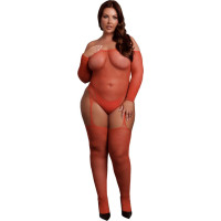 Le Désir Shimmering Off the Shoulder Bodystocking - Plus Size - Red/Gold Glitter