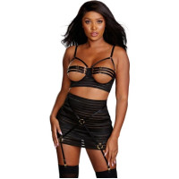 Dreamgirl Strappy Open Cup krūšturis un prievīte svārku komplekts - S - melns