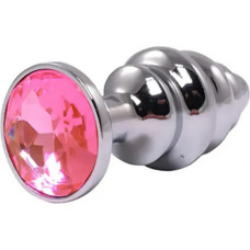 Fantasy Silver small ribbed butt plug with pink crystal