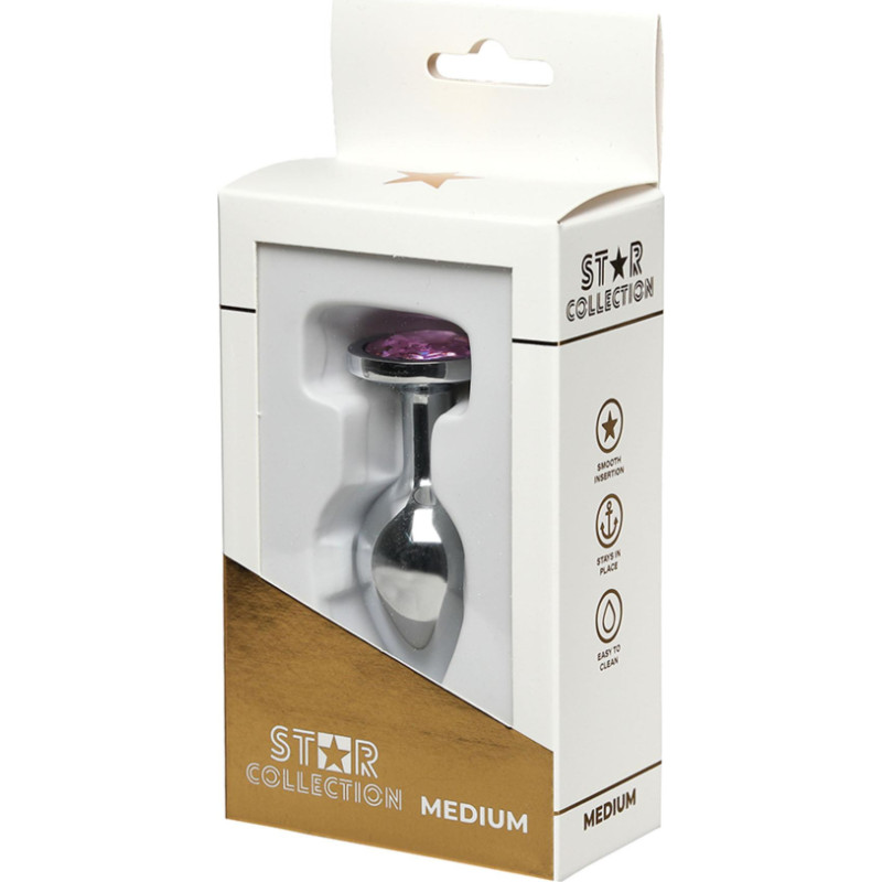 Star Collection - Silver Metal Anal Plug M - Light Pink Stone