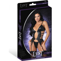 Male Power Kira - Atvērta priekšpuse basku stila biksītes ar zeķturiem un stringiem - S/M - Melnas