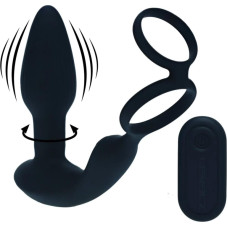 Levelz Dual Vibrating Remote Rotating Beads Silicone Prostate Stimulator with Cock and Ball Ring - Black