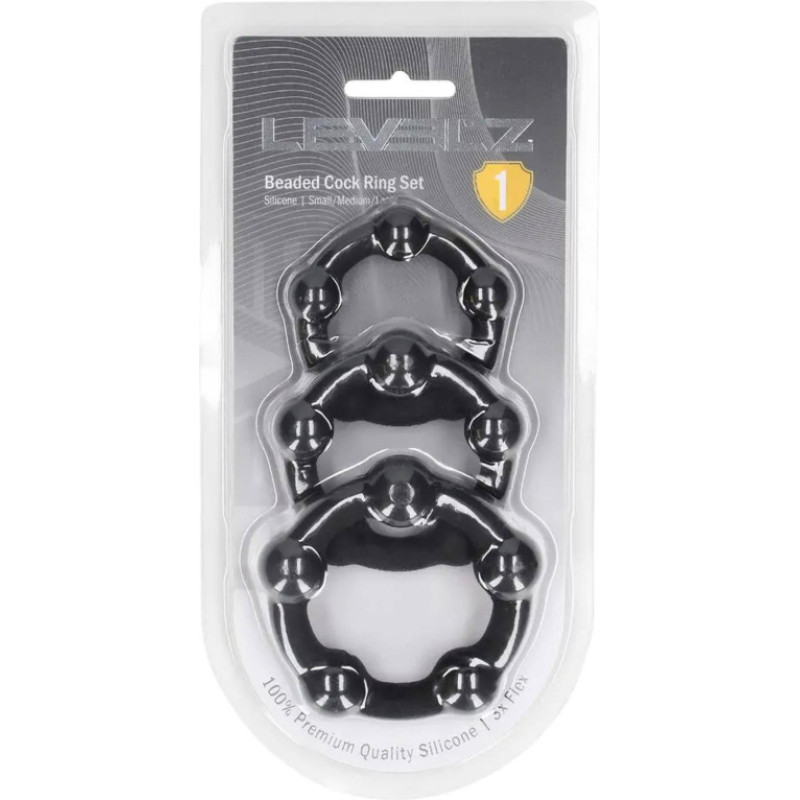 Levelz By Shots Beaded Silicone Cockring Set of 3 - S/M/L - Black