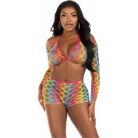 Leg Avenue Rainbow Net Top, Boyshorts and Shrug