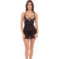 Rene Rofe Lingerie 2PC BONDAGE STRAPPING CHEMISE SET BLACK, M/L