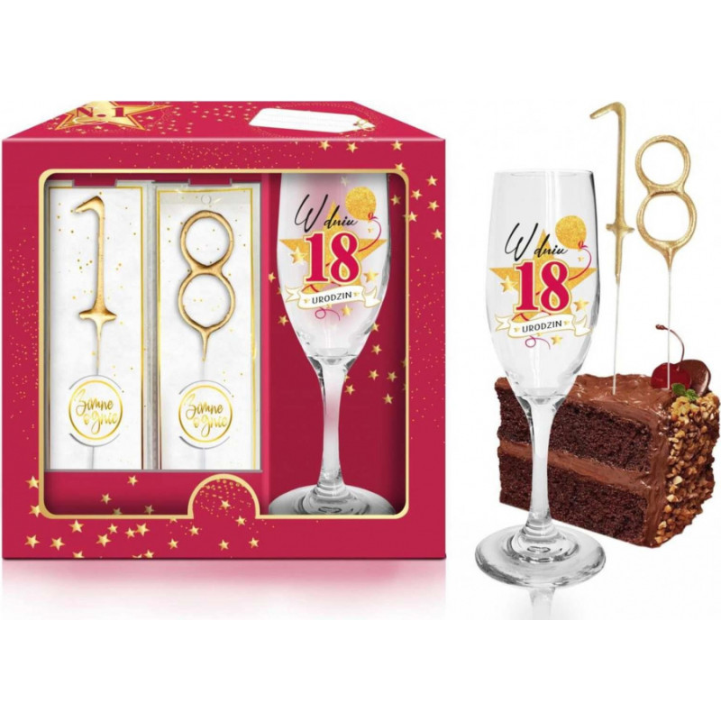 Bgtech Kieliszek do szampana + zimne ognie - W 
dniu 18 urodzin