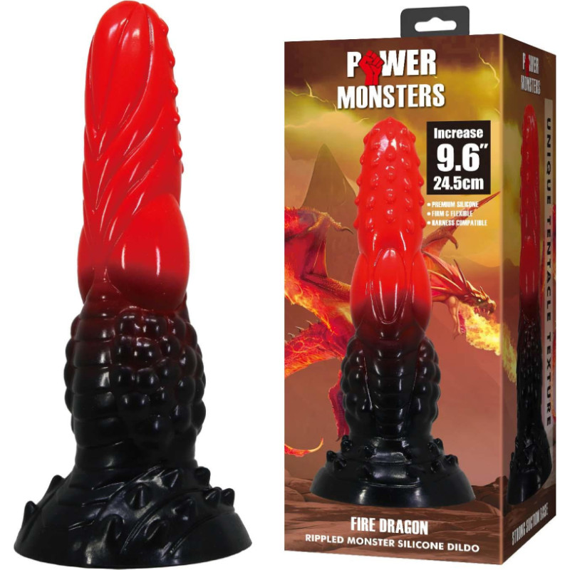 Power Monsters Fire Dragon – 24.5 cm Rippled Monster Silicone Dildo