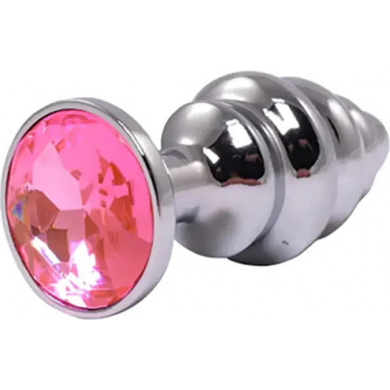Fantasy Silver medium ribbed butt plug with pink crystal