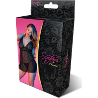 Magic Silk Babydoll komplekts ar atvērtu muguru un stringiem - L/XL - melns