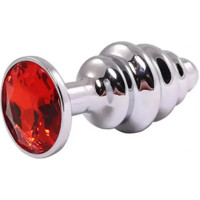Fantasy Silver medium ribbed butt plug with red crystal