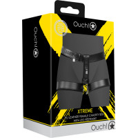 Ouch! By Shots Sieviešu šķīstības josta no PU ādas ar kāju ierobežotāju - melna