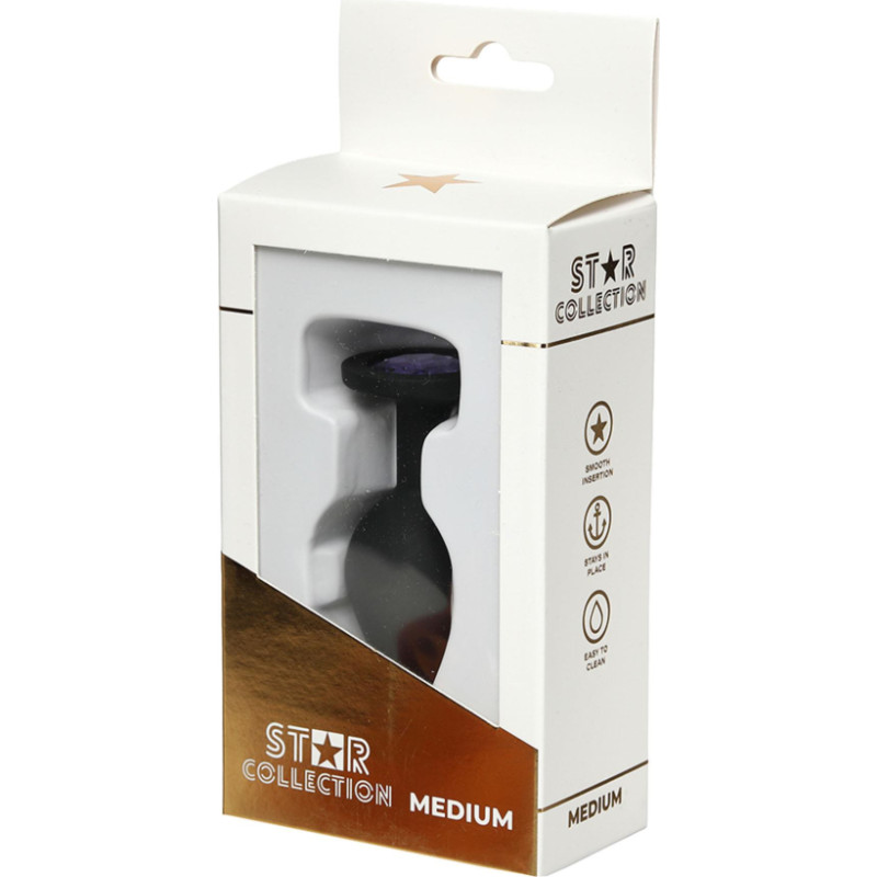 Star Collection - Black Silicone Anal Plug M - Purple Stone