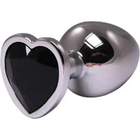 Fantasy Silver medium heart-shaped butt plug with black crystal