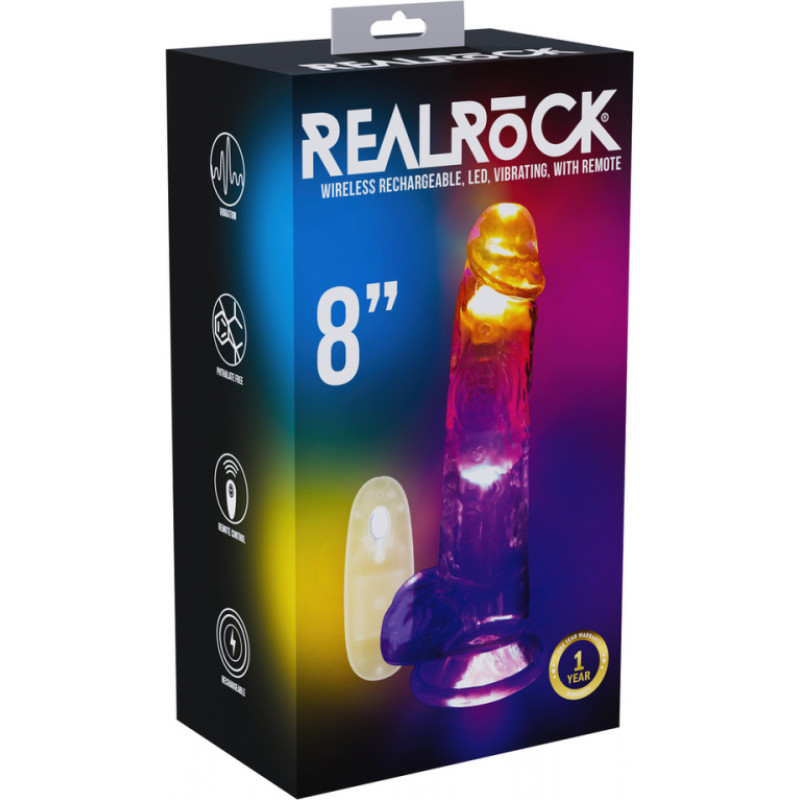 Realrock By Shots LED vibruojantis tiesus penis su kamuoliukais - 8 / 20 cm - permatomas