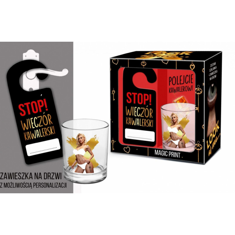 Bgtech LOOK AT ME - Zestaw szklanka whisky z zawieszką na drzwi - Stop!wieczór kawalerski