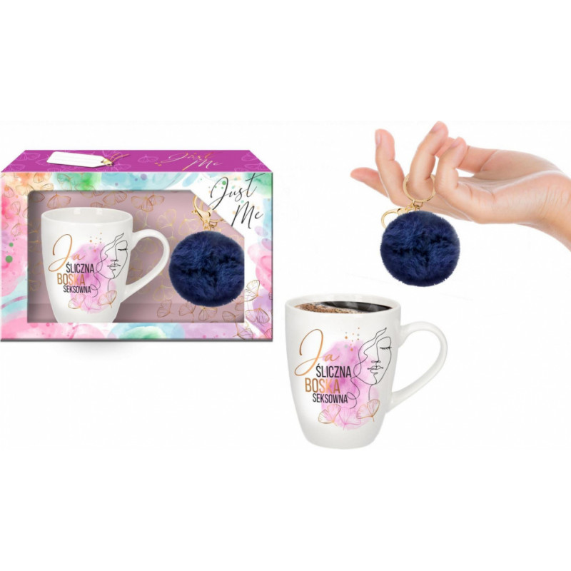 Bgtech JUST ME - zestaw kubek baryłka 300ml+pompon granatowy-Ja śliczna, boska, seksowna