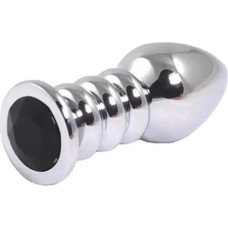 Fantasy Silver large ribbed butt plug with black crystal
