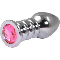 Fantasy Silver large ribbed butt plug with pink crystal