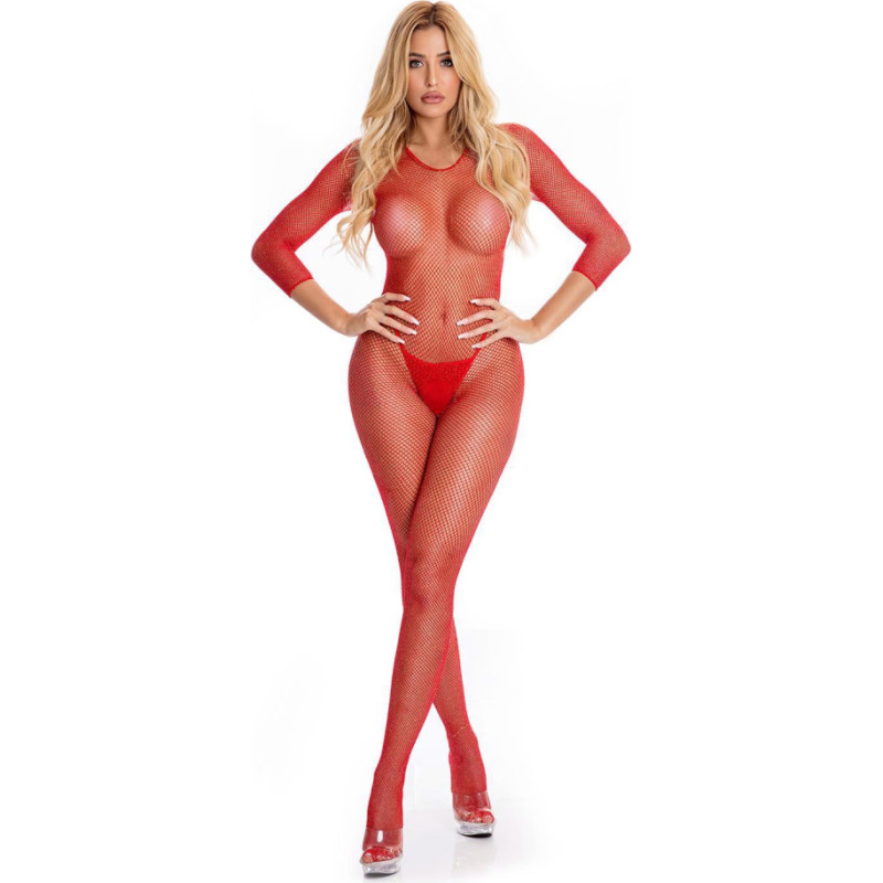 Pink Lipstick Lingerie RISQUE CROTCHLESS BODYSTOCKING RED, M/L