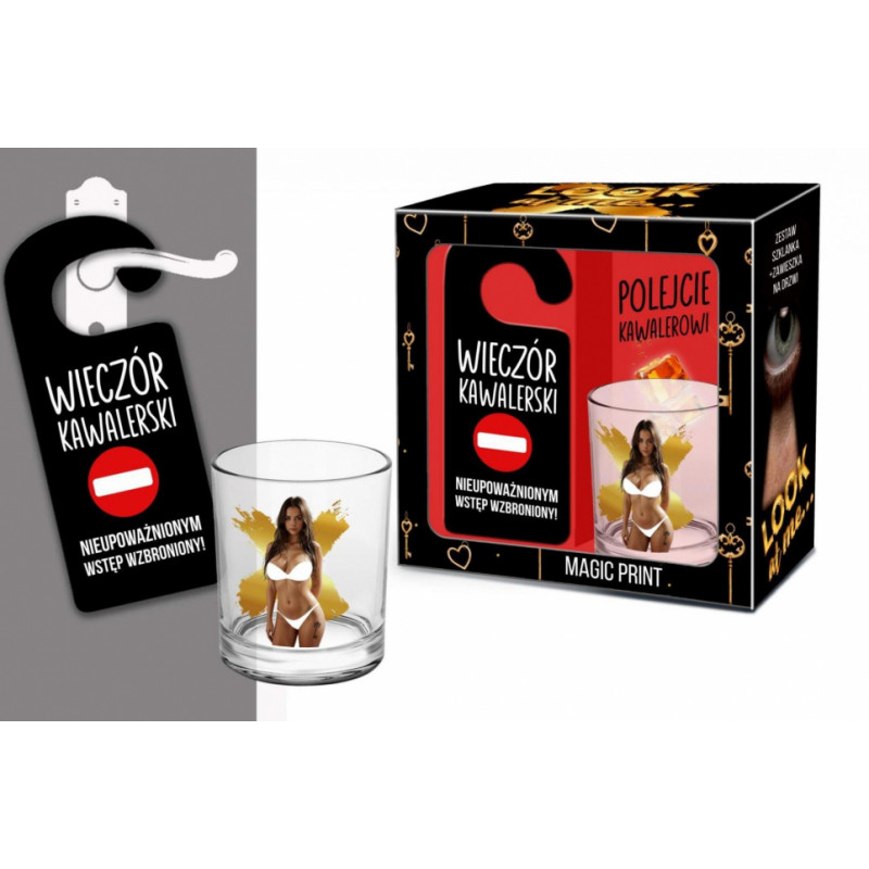 Bgtech LOOK AT ME - Zestaw szklanka whisky z zawieszką na drzwi - Wieczór kawalerski, nieupoważnionym wstęp wzbroniony