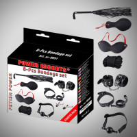 Power Escorts Bondage set 8 pcs black cuffs / collar/ mask/ whipp/ clamps/rope etc