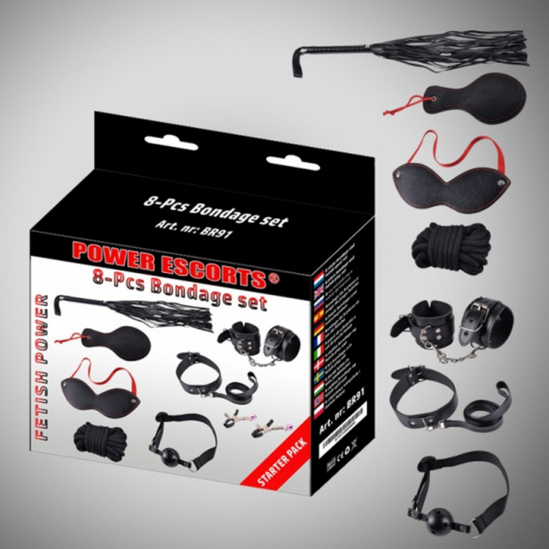 Power Escorts Bondage set 8 pcs black cuffs / collar/ mask/ whipp/ clamps/rope etc