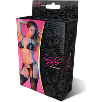 Magic Silk Peek-a-Boo krūštura, zeķtura un stringu komplekts - L/XL - melns