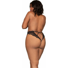 Dreamgirl Mežģīņu tanga biksītes ar atvērtu kājstarpi - 1X - melnas