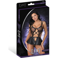 Male Power Anastasia - Cami atvērta kakla izgriezuma svārki, biksītes un krūšturis ar riņķiem un kniedēm - S/M - melni